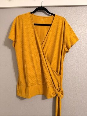 LOFT Mustard Wrap Short Sleeve Top with Side Tie